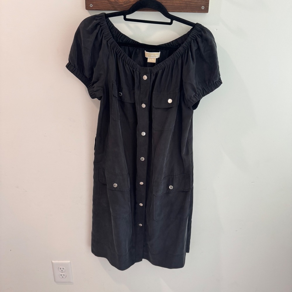 Michael Kors Womens Black 100% Silk Button Front Off Shoulder Shift Dress Large